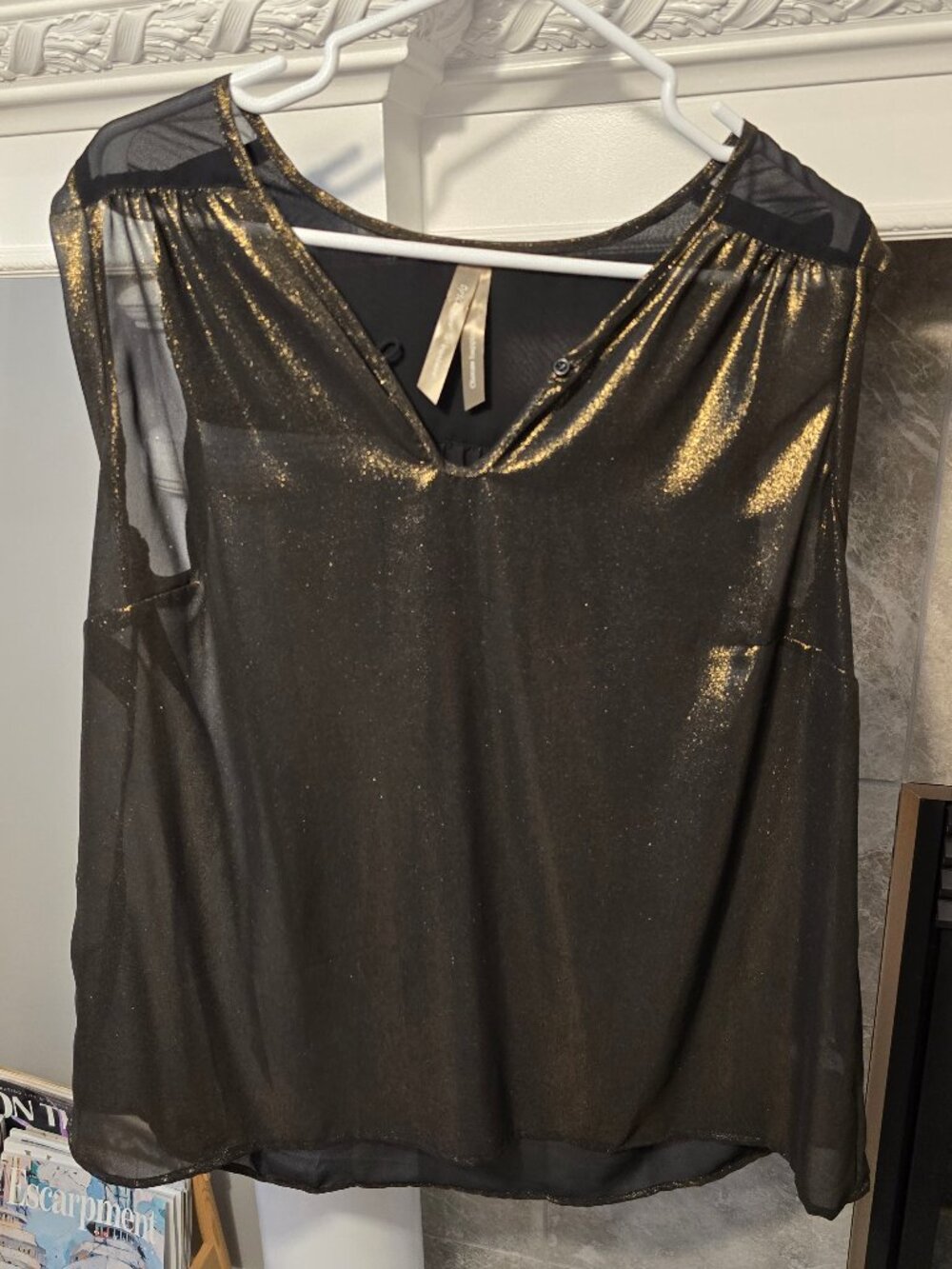 Reitmans Black & Gold Metallic Shimmer Tank Top with Sheer Mesh Back Accent
